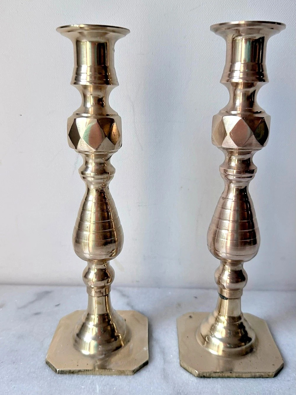 Vintage Brass Diamond Facet Boho Candlesticks Set of Two
